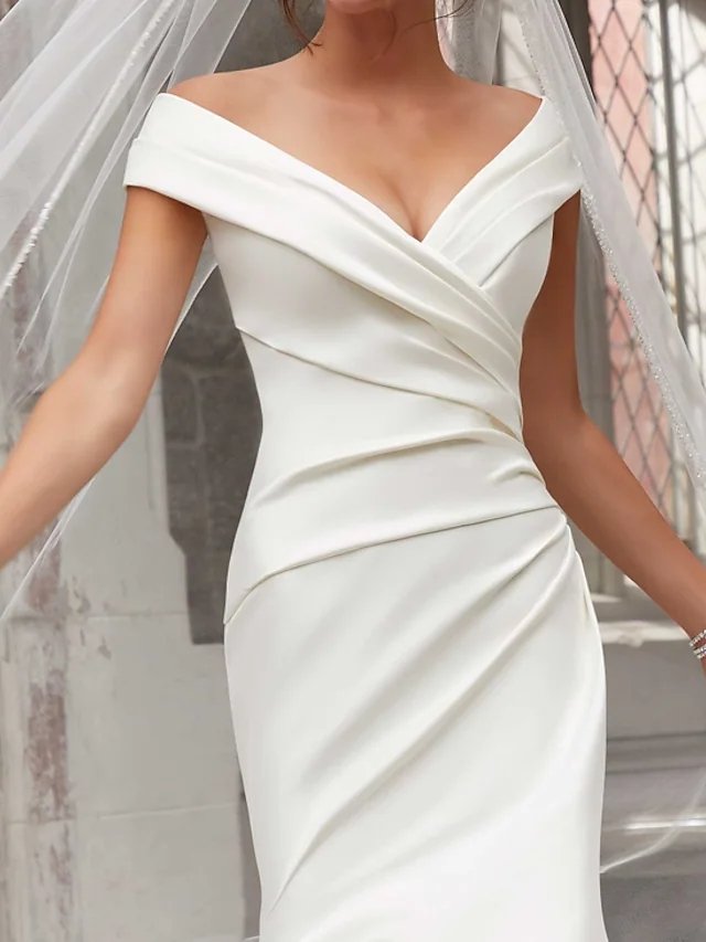 Mermaid / Trumpet Wedding Dresses Off Shoulder Sweep / Brush Train Polyester Cap Sleeve Country Plus Size with Ruched Draping