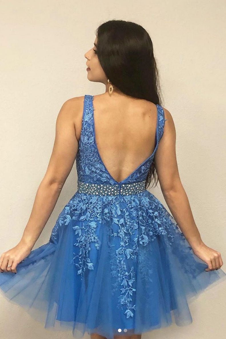 Blue v neck tulle lace short prom dress blue lace homecoming dress