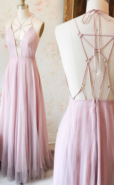 Unique Pink v neck long prom dress, pink evening dress