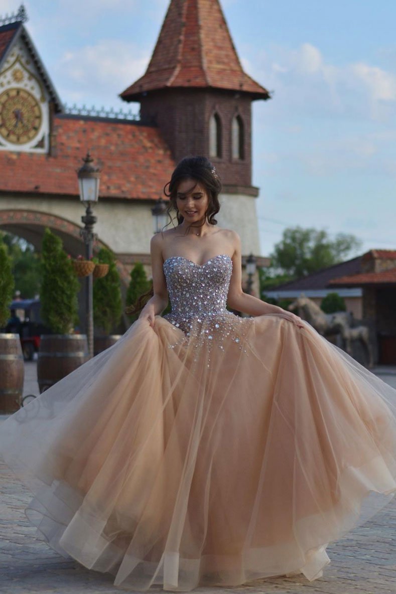 Champagne sweetheart tulle sequin beads long prom dress, formal dress