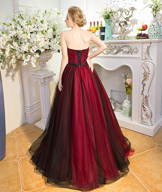Unique burgundy tulle long prom dress, burgundy evening dress