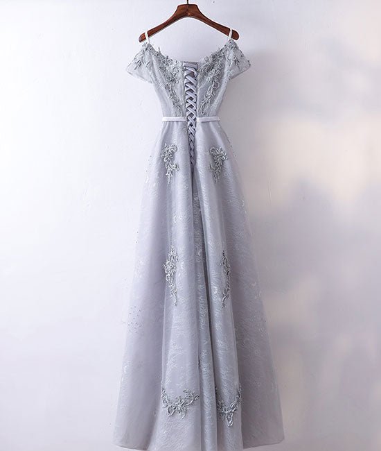Gray v neck tulle lace applique long prom dress, lace evening dress