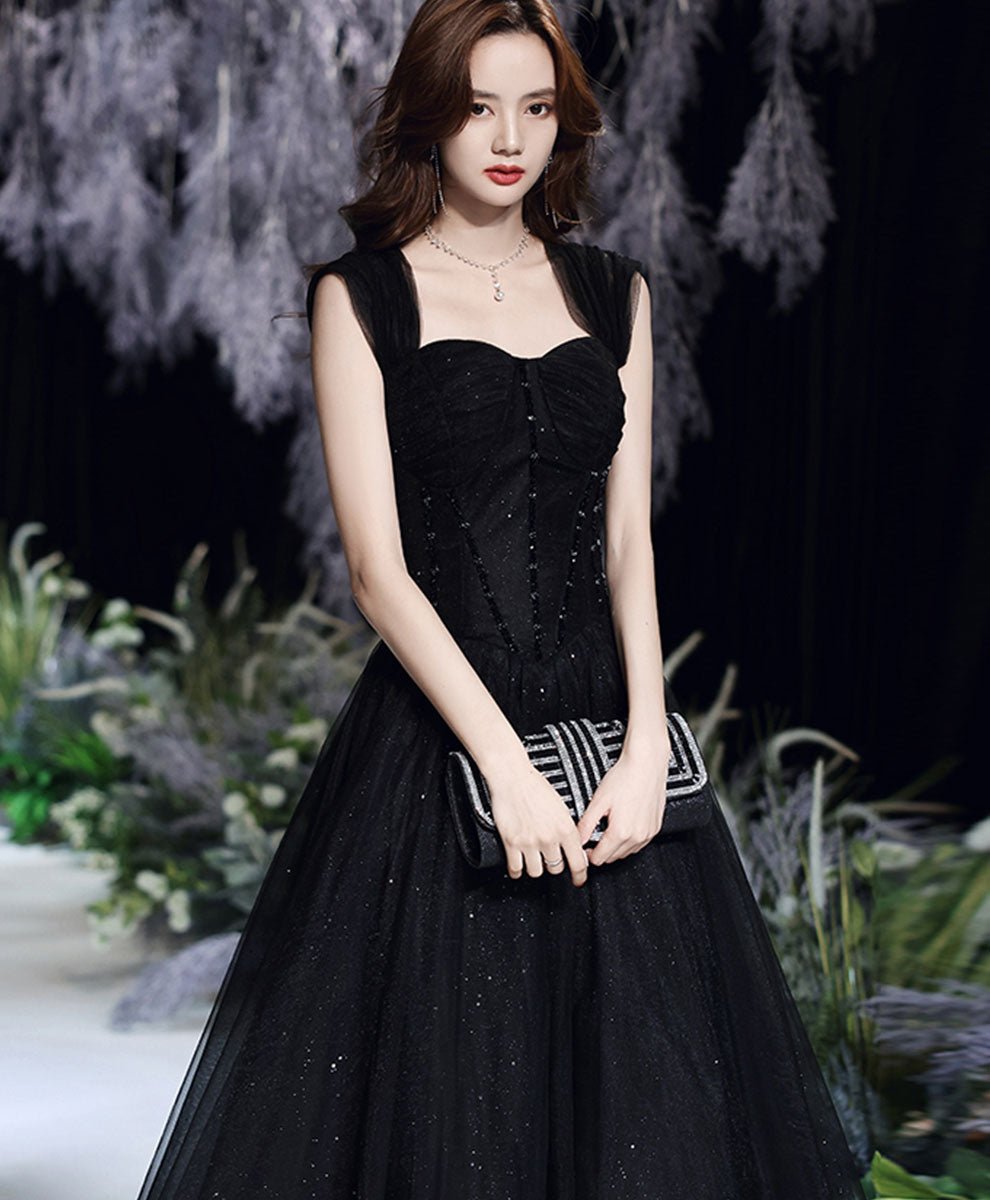 Black sweetheart off shoulder long prom dress, black tulle evening dress