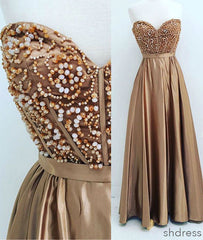 Gold sweetheart neck beaded long prom dress, evening dress