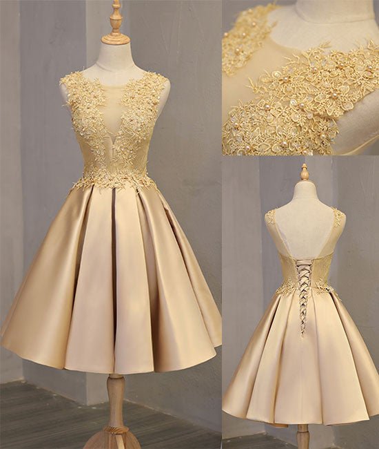 Cute gold lace short prom dress, cute gold homecoming dress