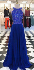 Royal blue round neck long prom dress, blue evening dress