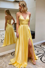 Yellow simple satin long prom dress yellow formal dress