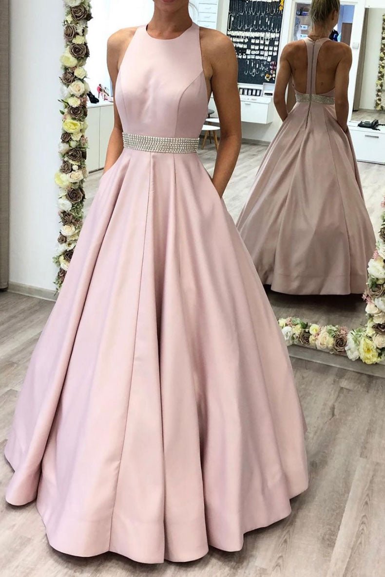 Pink high neck satin long prom dress pink evening dress
