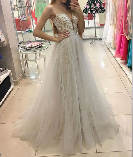 White sweetheart lace tulle long prom dress, white evening dress