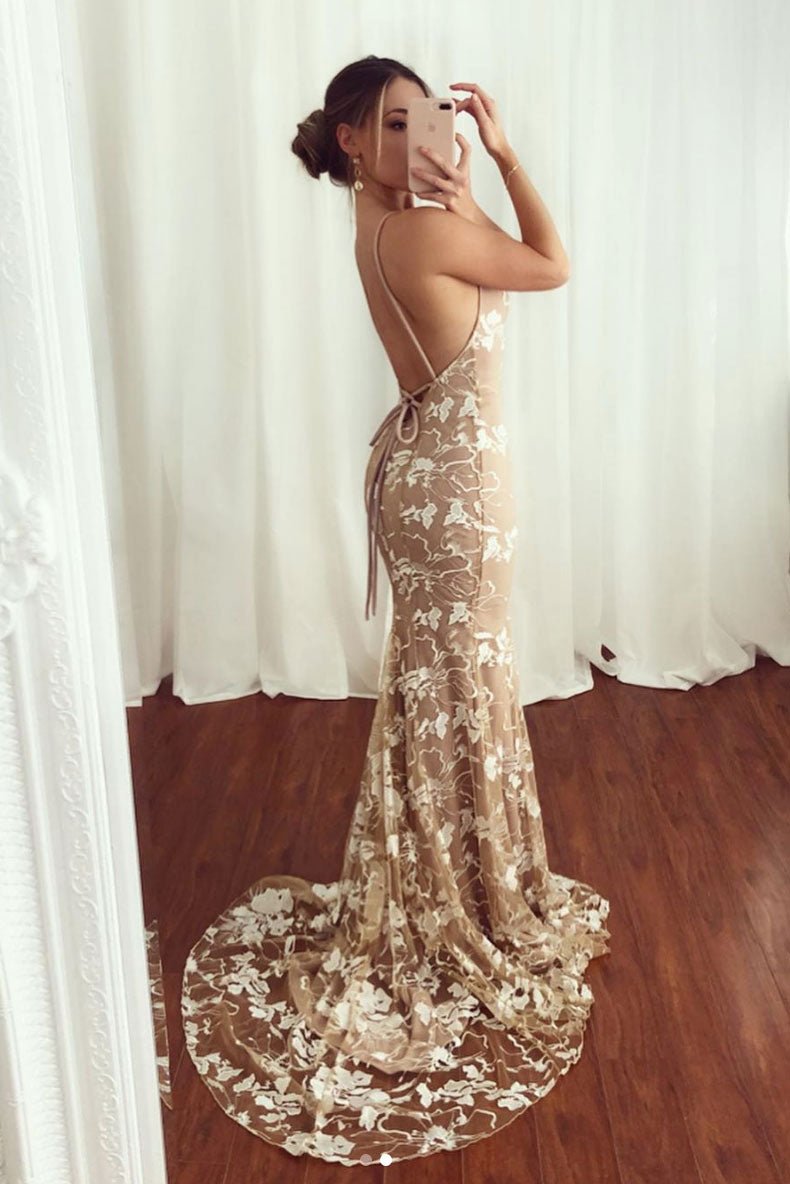 Champagne lace mermaid long prom dress, champagne long evening dress