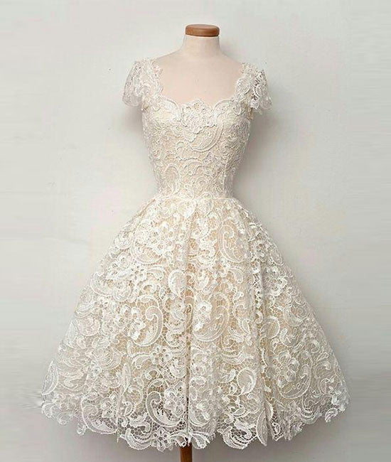 Cute white lace short prom dress, lace bridesmaid dress