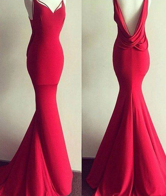 Simple red mermaid long prom dress, red evening dress