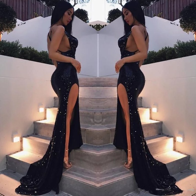 Backless Robe De Soiree Mermaid Sequins Sparkle Crstals Slit Sexy Long Prom Dresses Prom Gown Evening Dresses