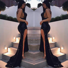 Backless Robe De Soiree Mermaid Sequins Sparkle Crstals Slit Sexy Long Prom Dresses Prom Gown Evening Dresses