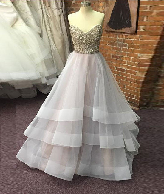 Unique sequin gray tulle prom dress, long gray evening dress