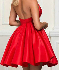 Red lace satin short prom dress, red homecoming dress