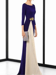 Sheath / Column Minimalist Elegant Wedding Guest Formal Evening Dress Jewel Neck 3/4 Length Sleeve Sweep / Brush Train Spandex Chiffon with Sash / Ribbon Pleats