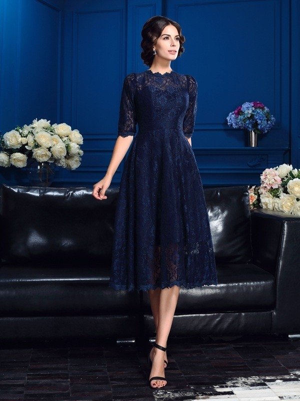 A-Line/Princess Jewel Lace 1/2 Sleeves Short Lace Mother of the Bride Dresses