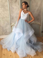 A line v neck tulle lace blue prom dress, lace formal blue evening dress