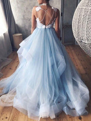A line v neck tulle lace blue prom dress, lace formal blue evening dress
