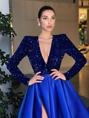 A-Line Sparkle Party Wear Formal Evening Dress V Neck Long Sleeve Floor Length Satin with Crystals Split
