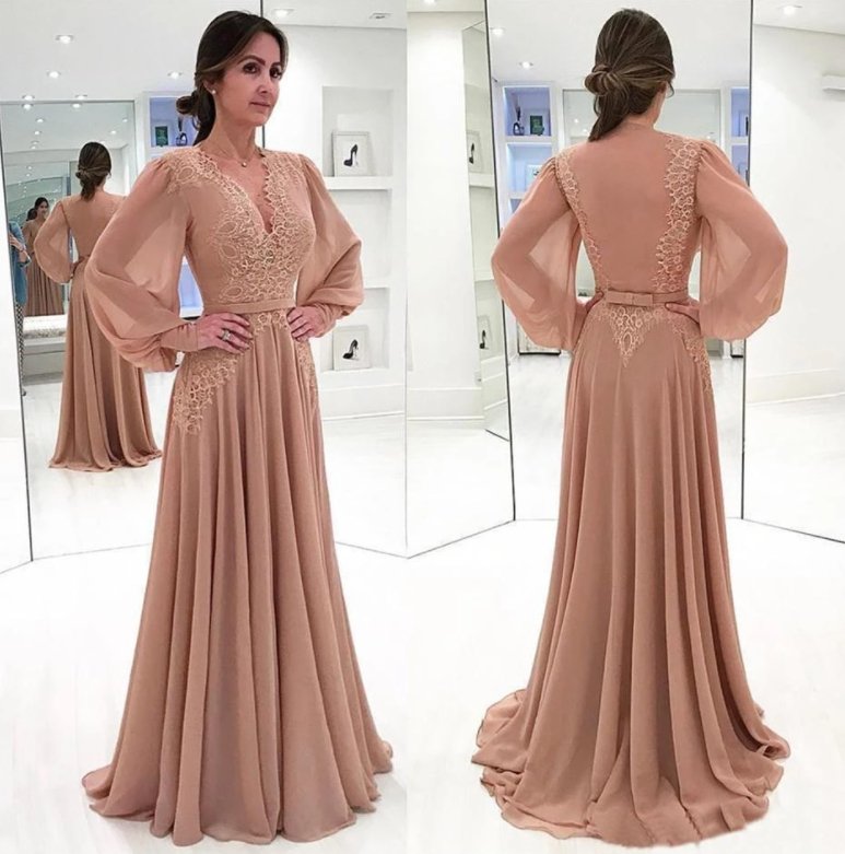 Muslim Evening Dresses A-line V-neck Long Sleeves Chiffon Lace Islamic Dubai Saudi Arabic Long Formal Evening Gown