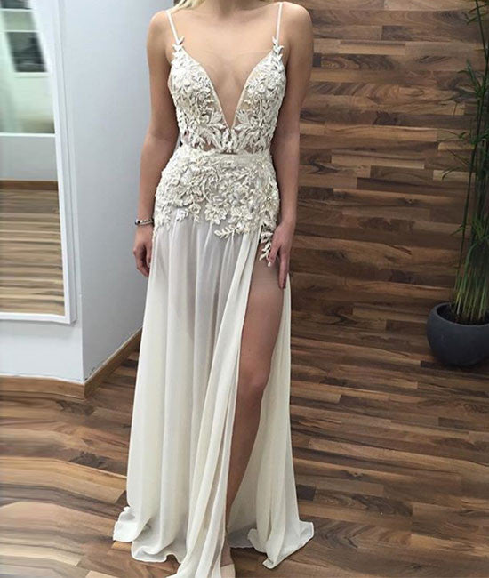 White v neck lace long prom dress, lace evening dress