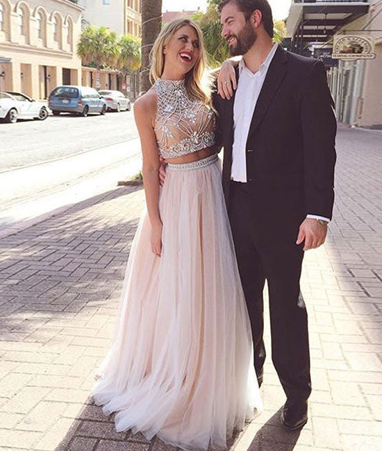 Unique tulle champagne long prom dress, formal dress