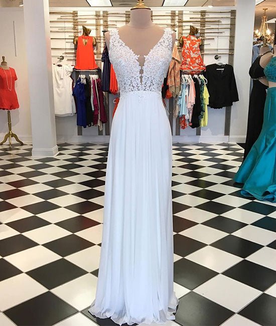 White A-line chiffon lace long prom dress, white bridesmaid dress