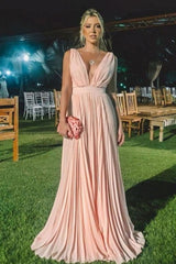 Simple pink v neck chiffon long prom dress pink formal dress