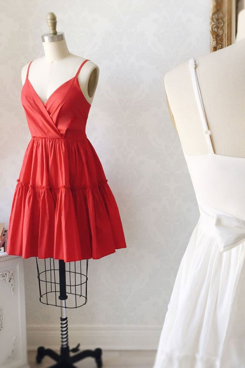 Simple satin red short prom dress red cocktail dress