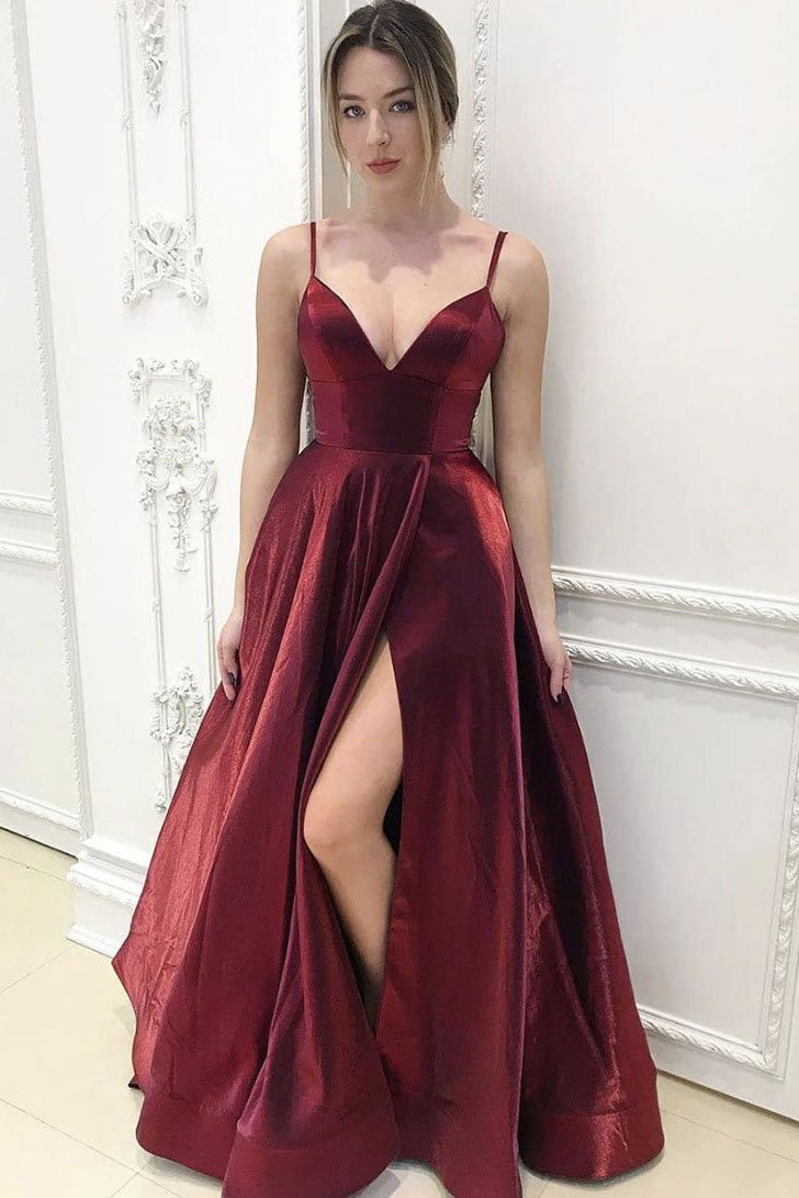 Simple v neck burgundy long prom dress evening dress