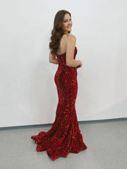 Burgundy sequin mermaid long prom dress, burgundy evening dress