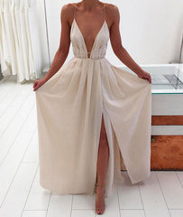 Simple A-line backless long prom dress for teens, evening dress