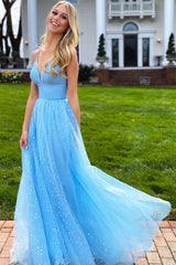 Blue v neck tulle beads long prom dress blue tulle evening dress