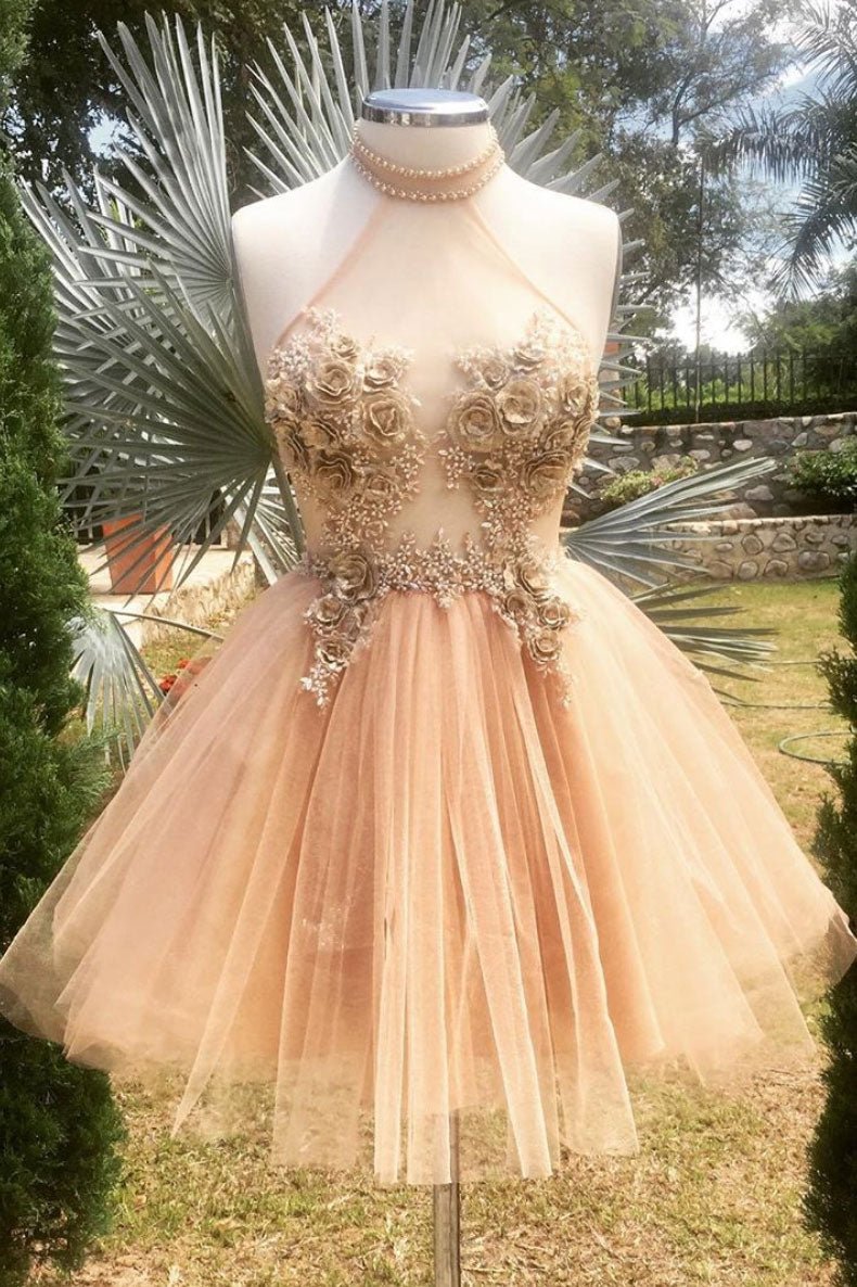 Champagne high neck tulle lace short prom dress tulle formal dress