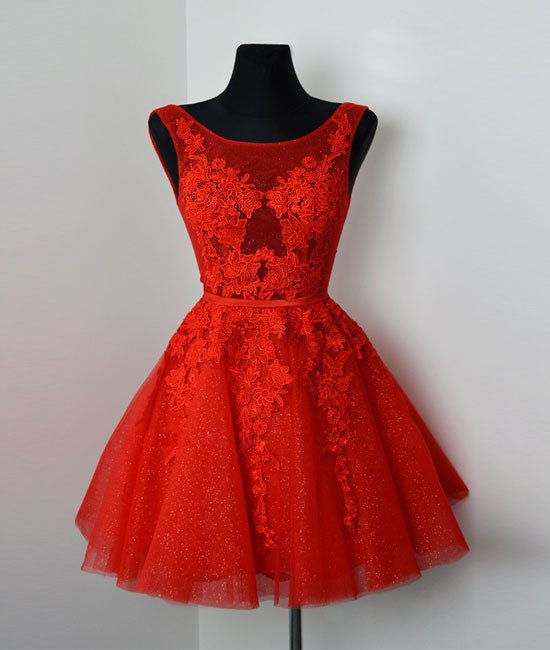 Red v neck lace tulle short prom dress, red homecoming dress