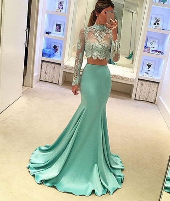 Green Mermaid style two pieces lace long prom dress, evening dress