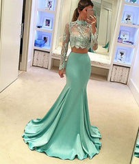 Green Mermaid style two pieces lace long prom dress, evening dress