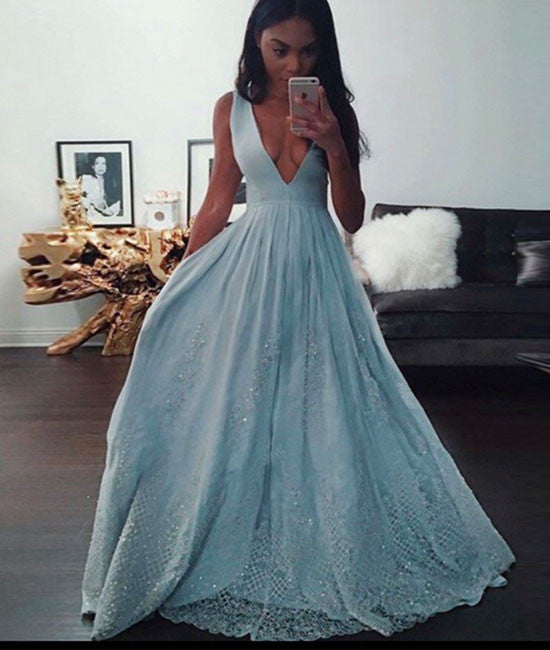 Blue A-line v neck lace long prom dress, blue evening dress