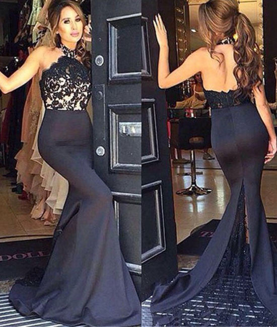 unique black lace long prom dress, bridesmaid dresses