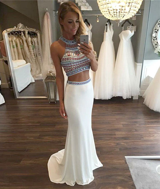 Custom Made White Mermaid Two Pieces Long Prom Dress, Formal Dress