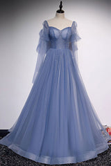 Blue sweetheart tulle sequin long prom dress blue formal dress