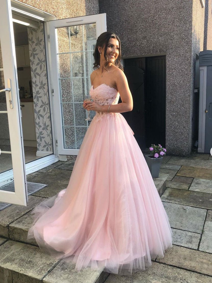Pink sweetheart tulle lace long prom dress, pink tulle lace evening dress