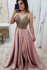 Pink lace long prom dress, pink lace evening dress