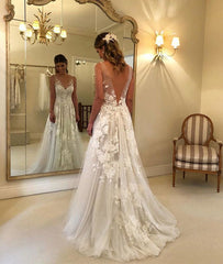 White v neck tulle lace long prom dress, white lace wedding dress