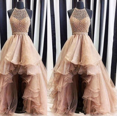 Hi Low Robe De Soiree Ball Gown High Collar Organza Lace Pearls Sexy Long Prom Dresses Prom Gown Evening Dresses