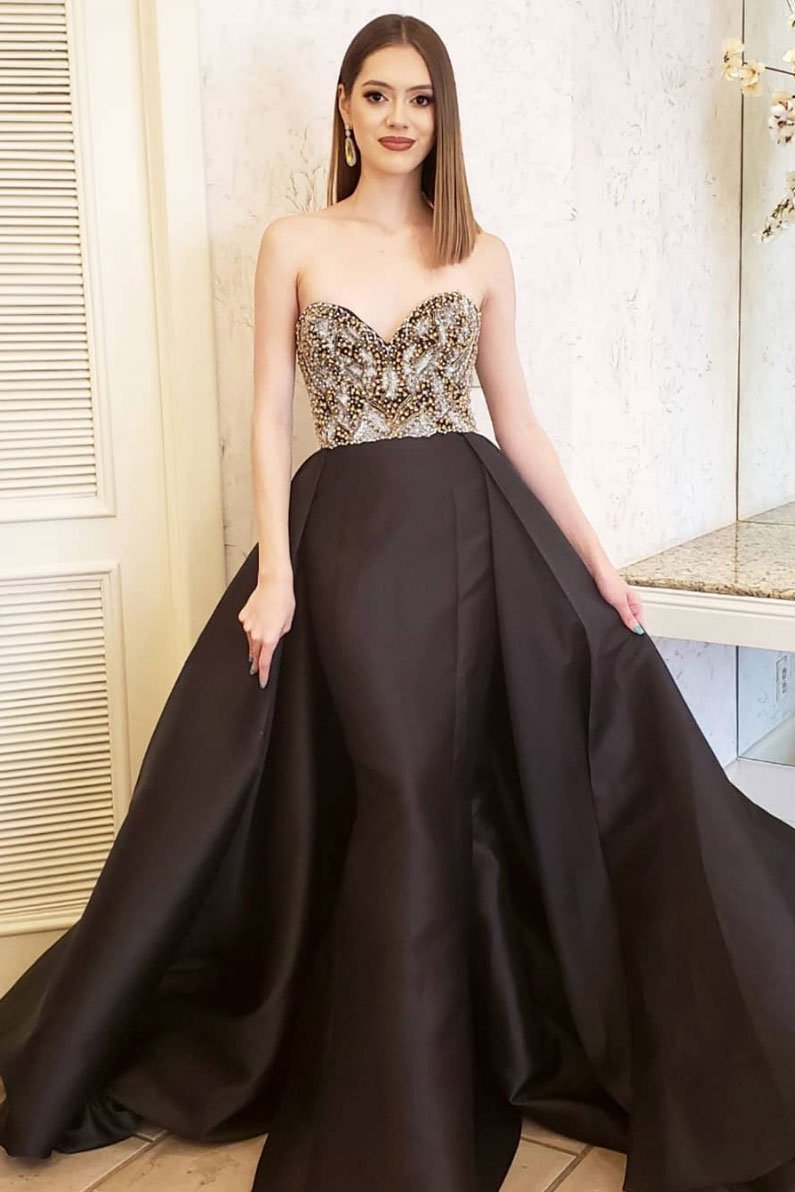 Black sweetheart sequin long prom dress black evening dress