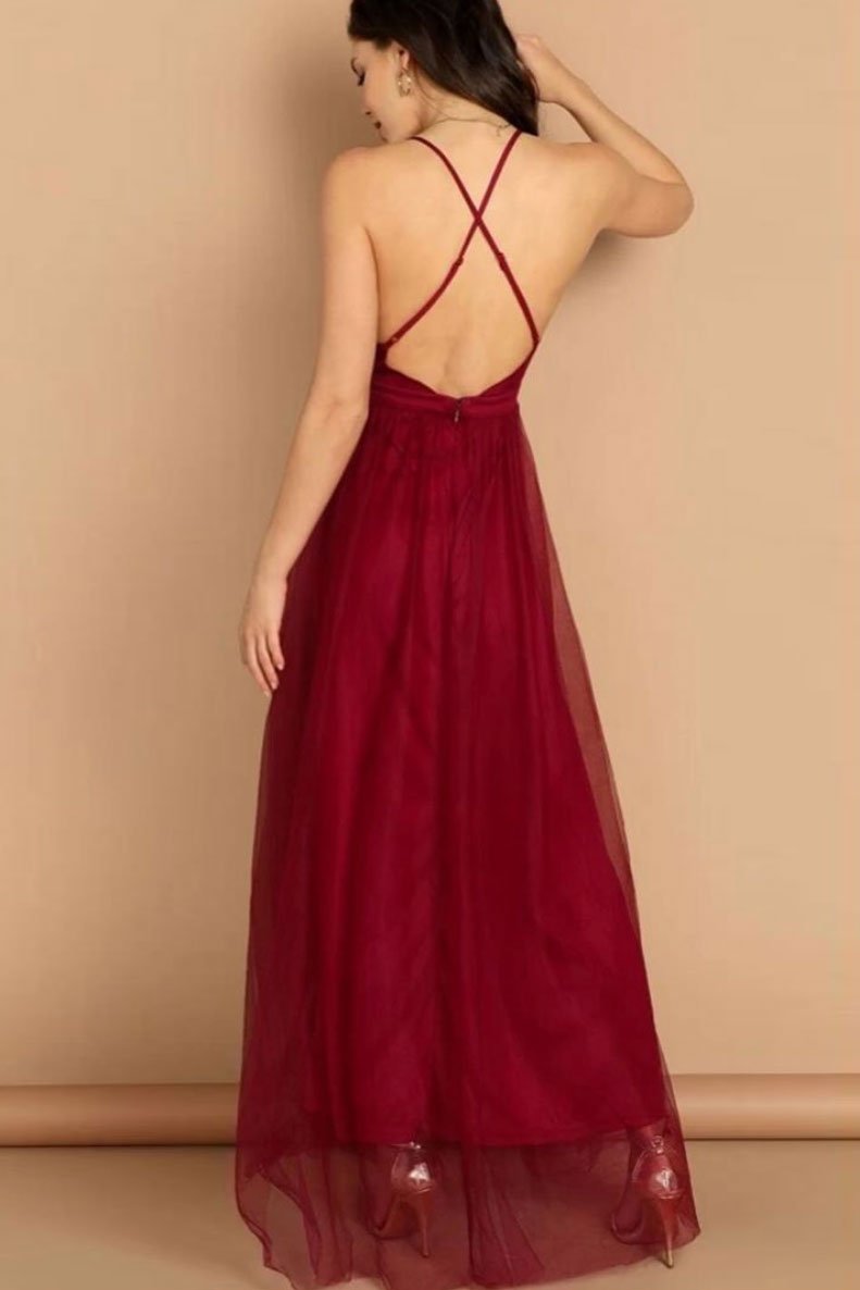 Simple v neck burgundy tulle long prom dress burgundy evening dress