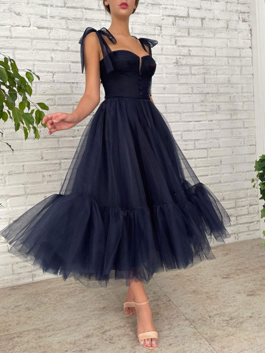 Dark blue tulle short prom dress, blue tulle bridesmaid dress